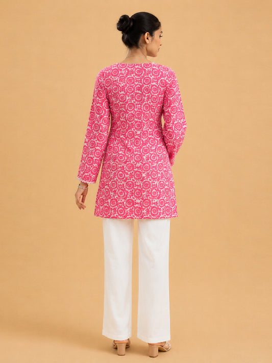 Women's Pink Trendy Short Kurti Tunic Top | Casual Ethnic Wear by Ksyle Outfit