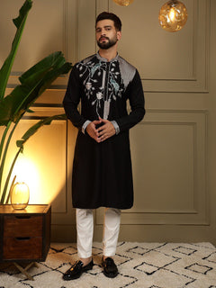 Men’s Black Embroidered Kurta with White Pants