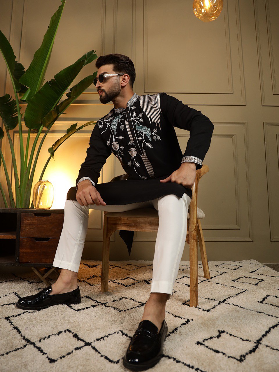 Men’s Black Embroidered Kurta with White Pants