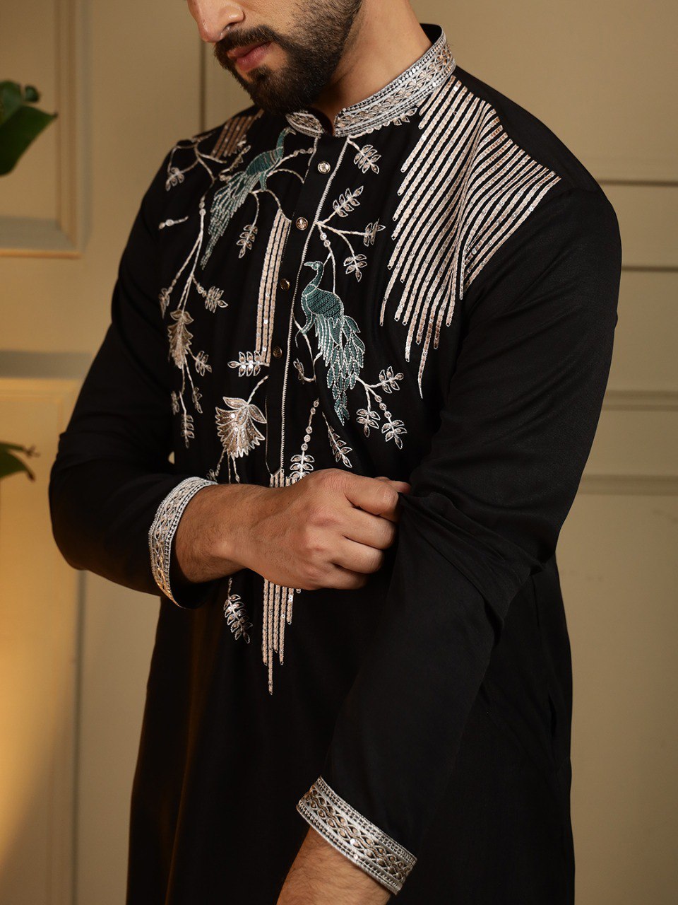 Men’s Black Embroidered Kurta with White Pants
