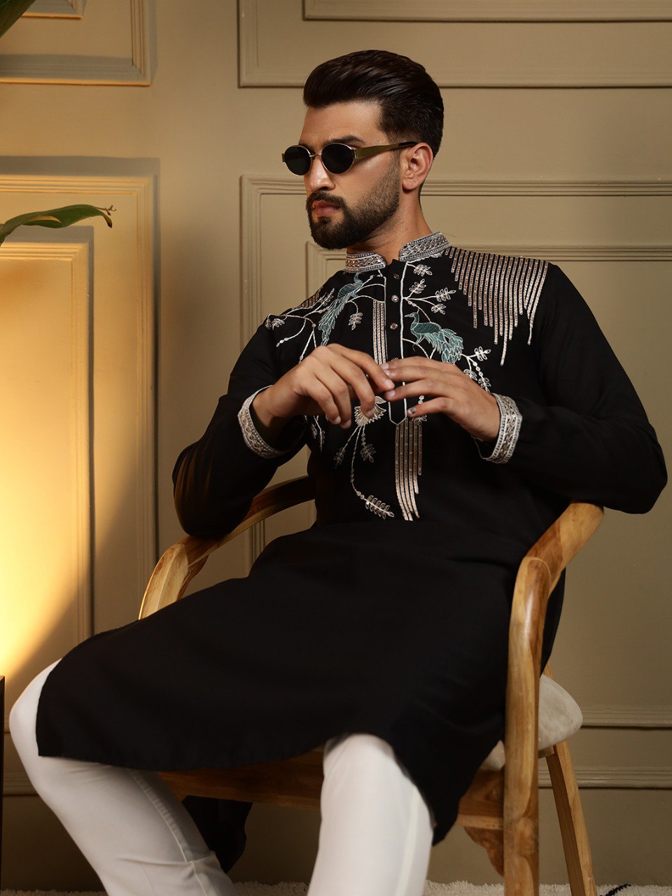 Men’s Black Embroidered Kurta with White Pants