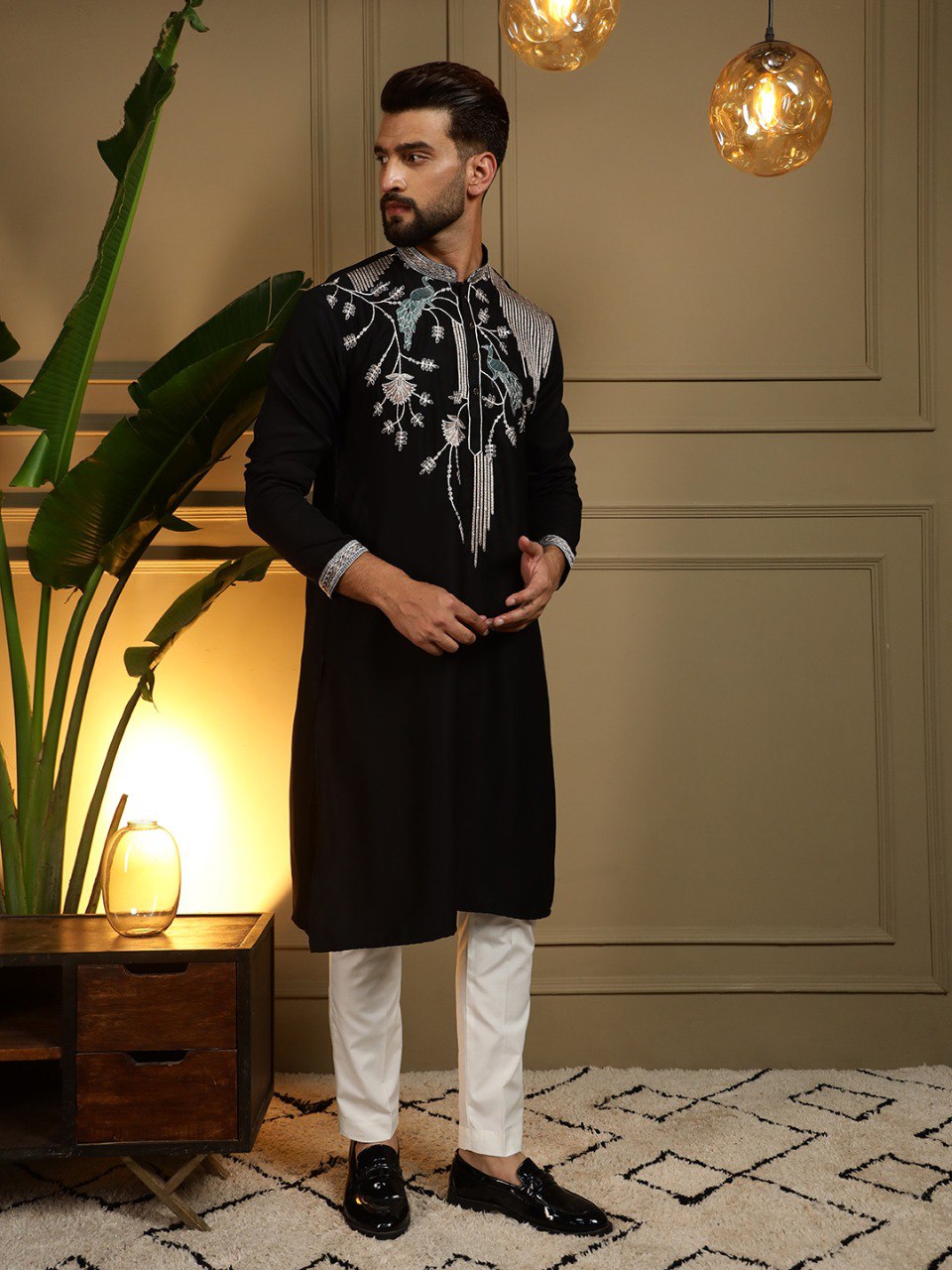 Men’s Black Embroidered Kurta with White Pants