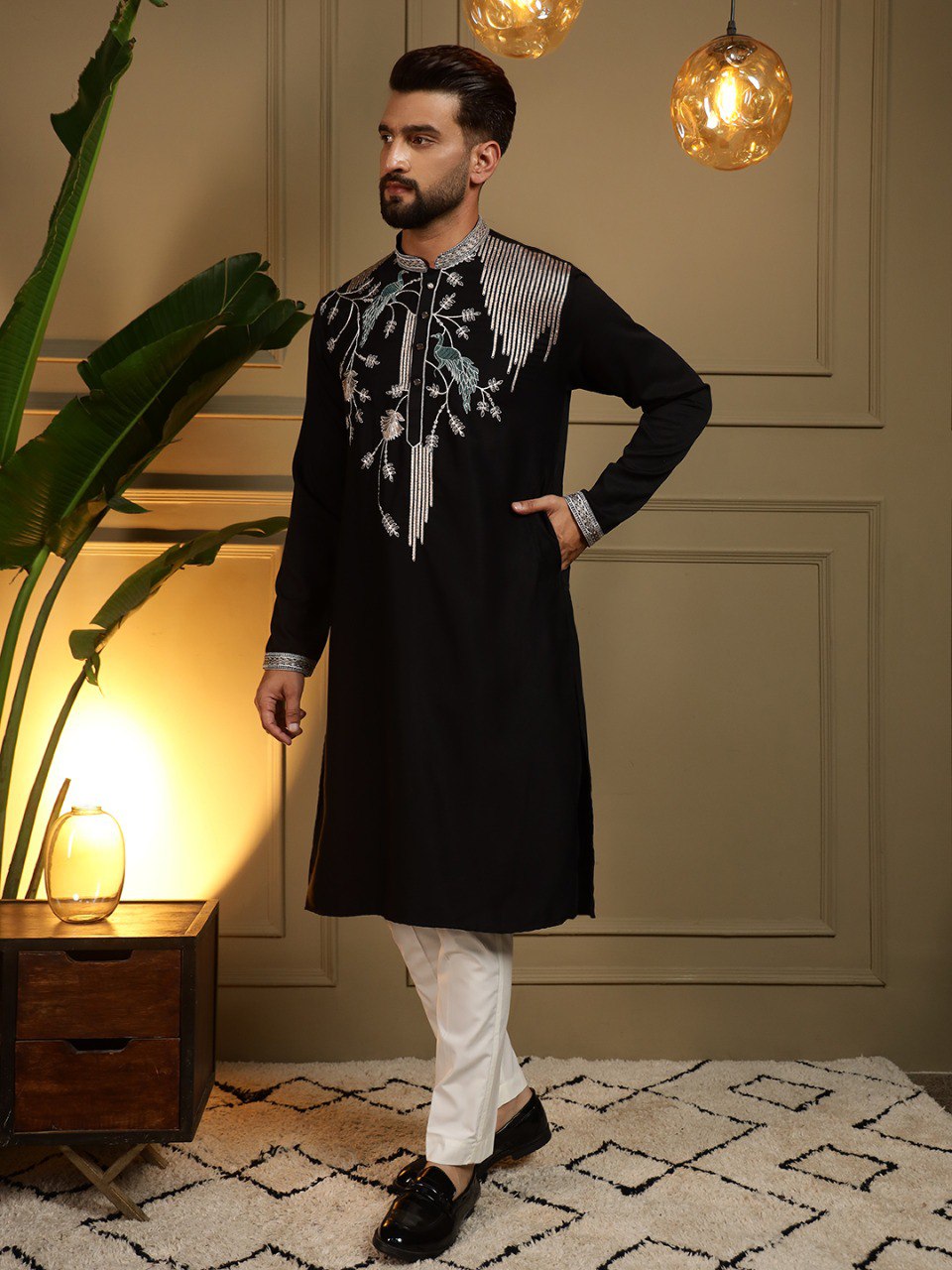 Men’s Black Embroidered Kurta with White Pants