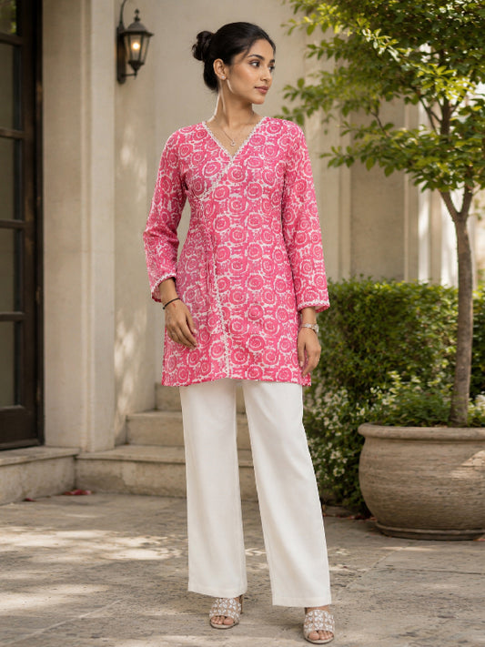 Women's Pink Trendy Short Kurti Tunic Top | Casual Ethnic Wear by Ksyle Outfit