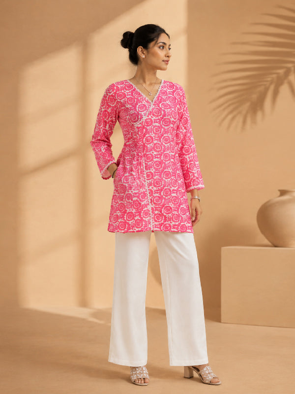 Women's Pink Trendy Short Kurti Tunic Top | Casual Ethnic Wear by Ksyle Outfit