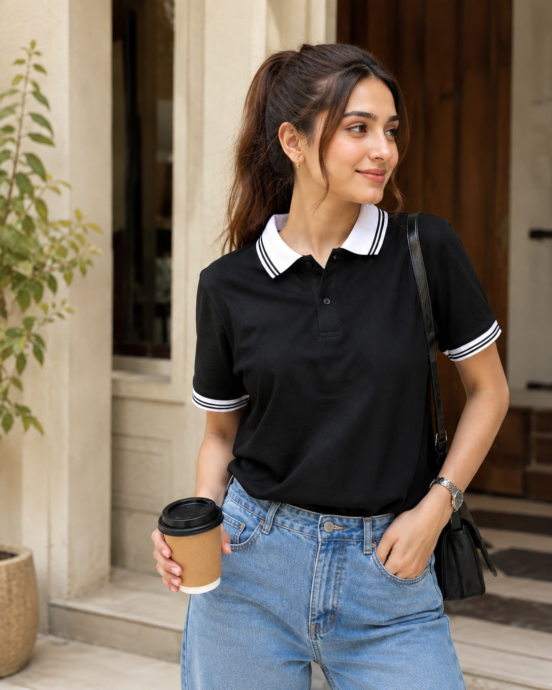Women Classic Black Polo T-Shirt