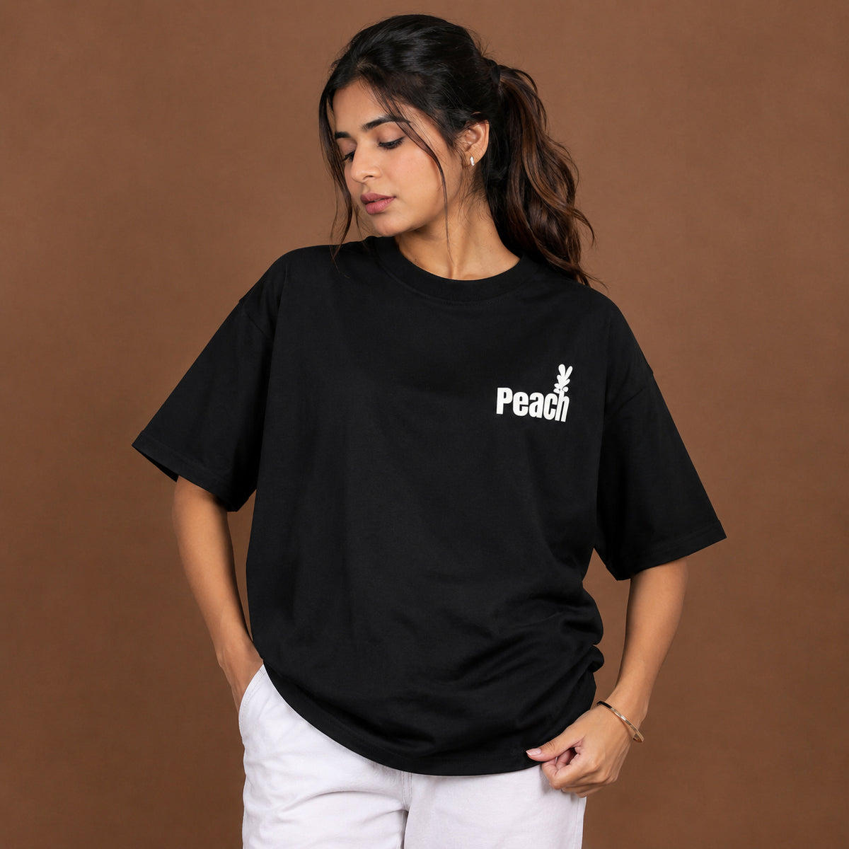 Peach Printed Oversized T-Shirt for Women | Premium Black Streetwear T-Shirt | Ksyle Outfit
