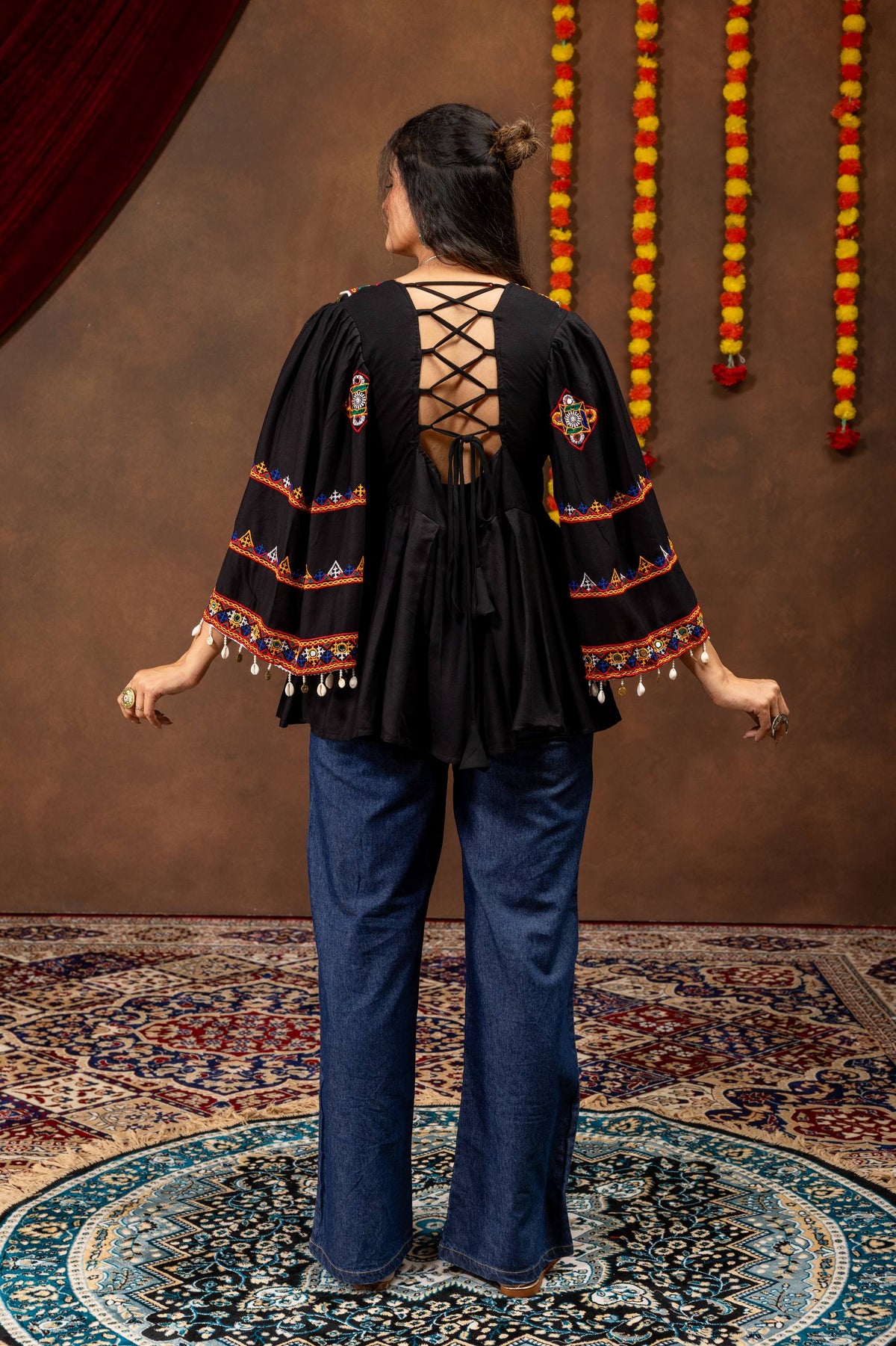 Traditional Gujarati Embroidered Kurti with Printed Pants