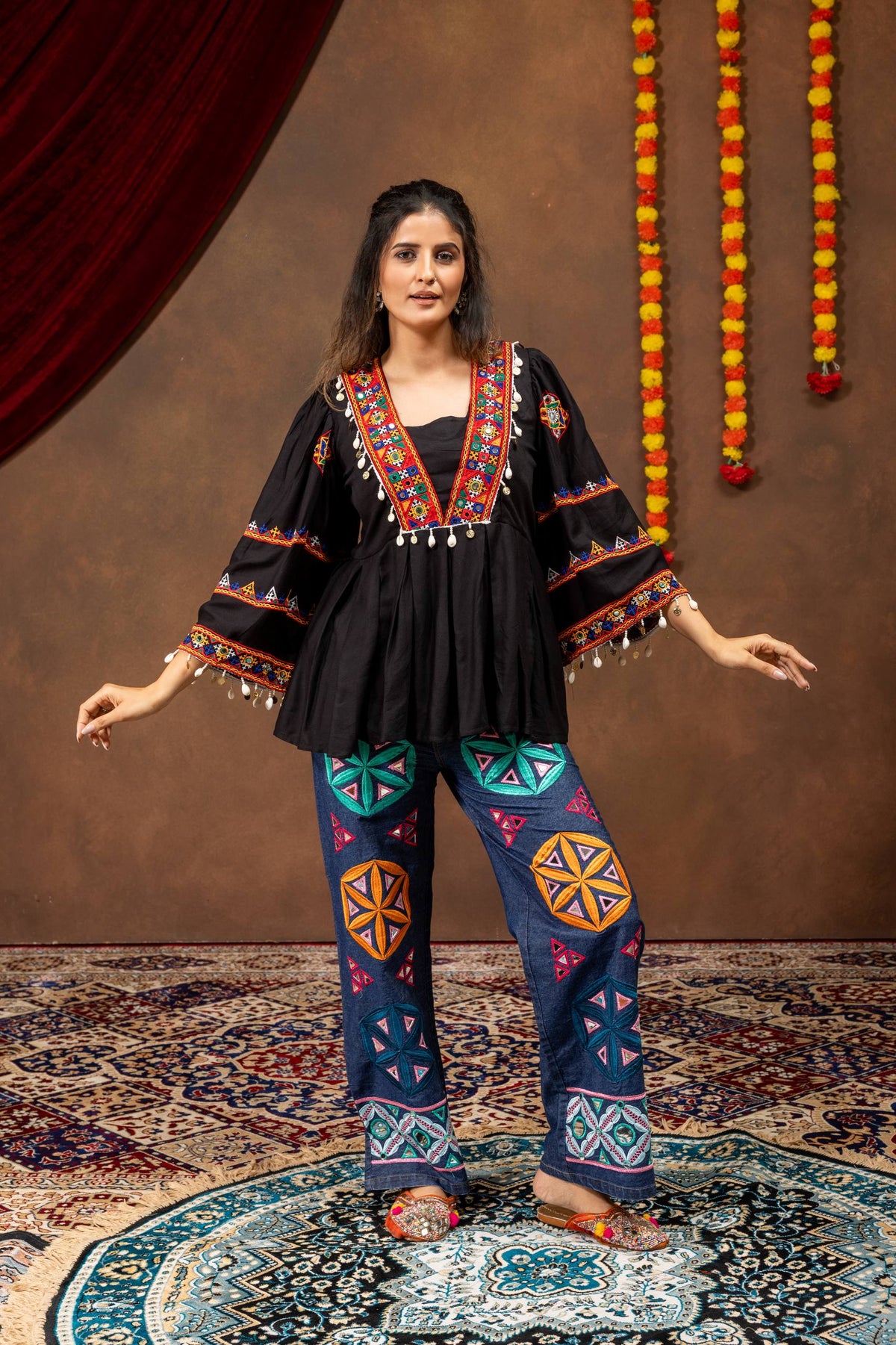 Traditional Gujarati Embroidered Kurti with Printed Pants