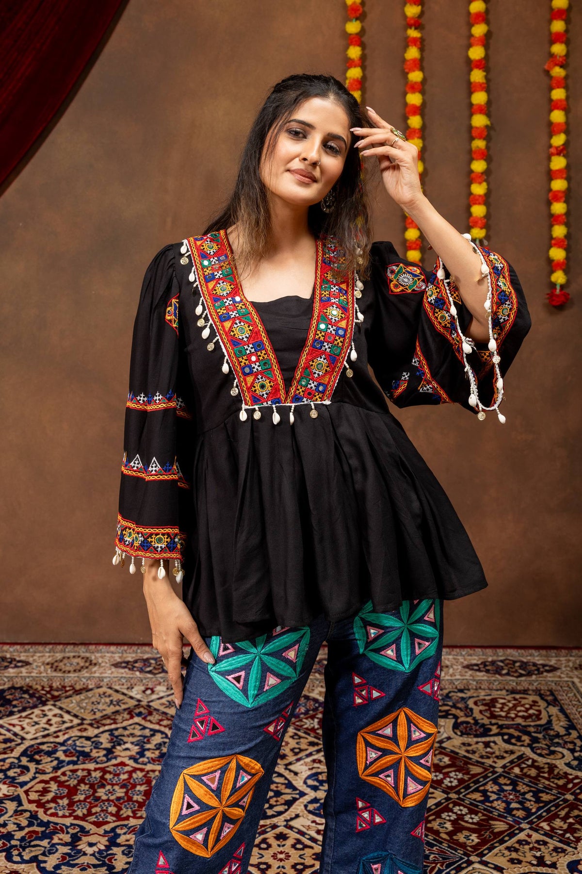 Traditional Gujarati Embroidered Kurti with Printed Pants