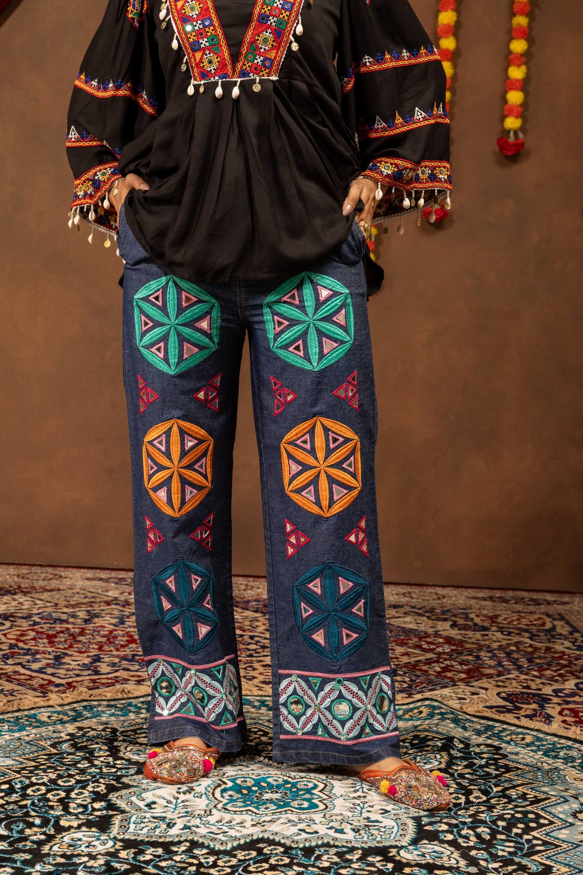 Traditional Gujarati Embroidered Kurti with Printed Pants