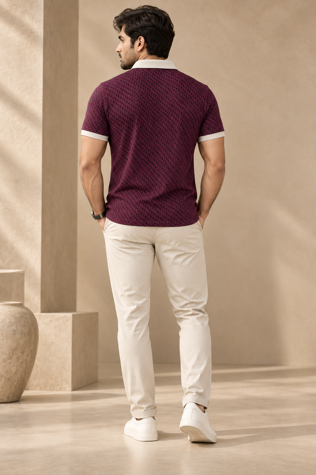 Men’s Premium Textured Polo T-Shirt – Burgundy & White