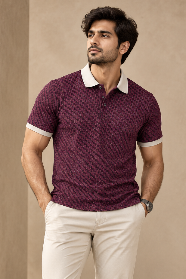 Men’s Premium Textured Polo T-Shirt – Burgundy & White