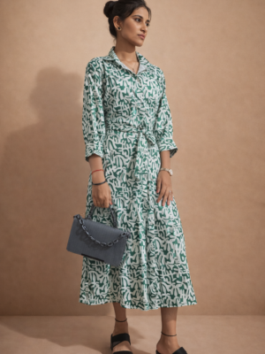 Abstract Print Shirt Collar Flared Midi Shirt Dress
