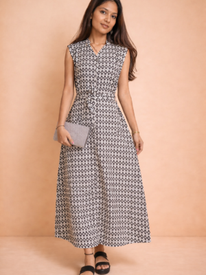 Women Geometric Printed Mandarin Collar Sleeveless Shirt Midi Dress with Belt