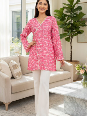 Women's Pink Floral Printed Cotton Angrakha Tunic Top with Long Sleeves and Tie-Up Detail