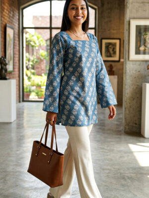 Women's Blue Printed Cotton Short Kurti - Square Neck Floral Tunic Top for Casual & Office Wear