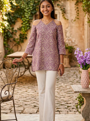 Women's Mauve Floral Printed Cold-Shoulder Tunic Top with 3/4 Sleeves