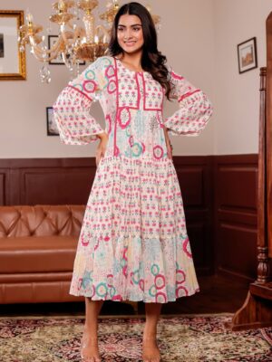 Floral Print Cotton Maxi Dress for Women | Stylish Bell Sleeves Tiered Gown | Ethnic Wear for Summer & Festivals by ksyleoutfit